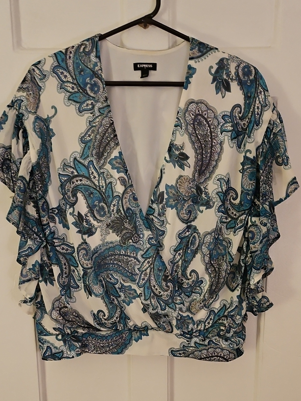 Express White Paisley Wrap Blouse with Teal Accents